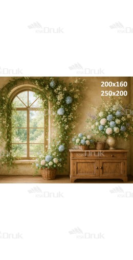 Tło fotograficzne z rustykalnym oknem i hortensjami | E593